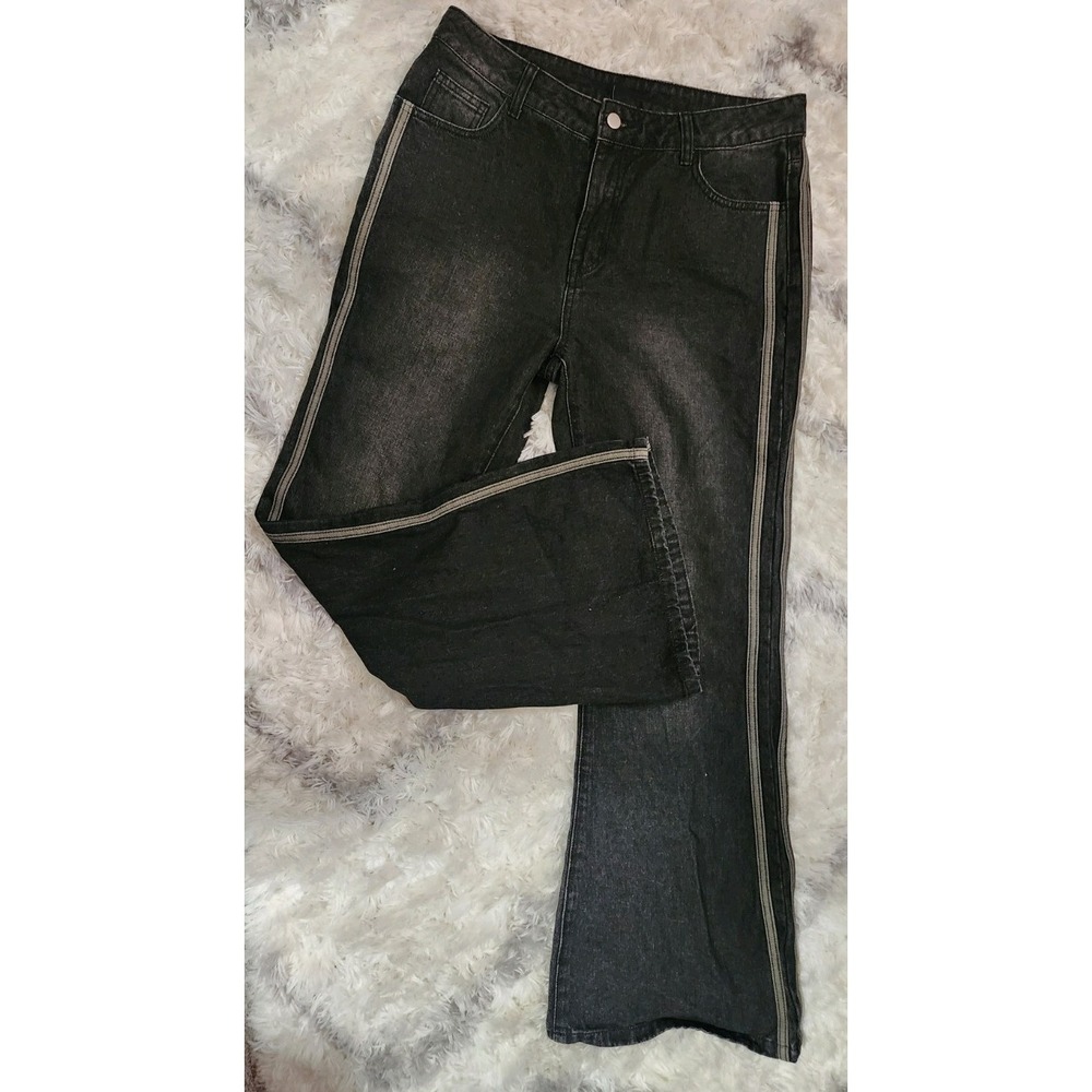 Cider‎ Women's Black  Wash Denim Flare boho Jeans Striped Side Button Pockets L